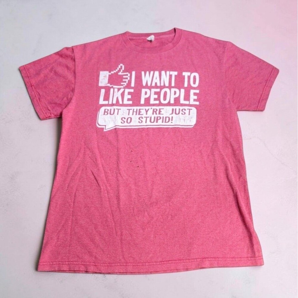 Vintage Y2K Meme T-Shirt I Want To Like People Stupid Med Funny Red White Delta